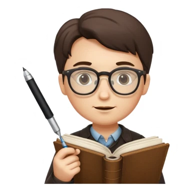 writer holding pen in hand and closed book in other hand, wearing glasses sticker