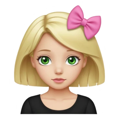 blonde girl middle part, pink bow in hair, plain black top, green eyes. sticker