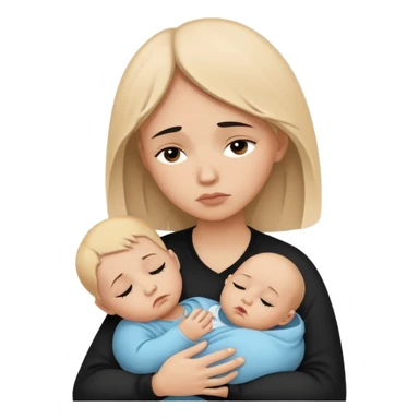 Minimalistic flat vector icon, iOS style, thin black contour on white background. Silhouette of a sad mother holding a baby, small tear drop. Clean, no text, no shadows sticker