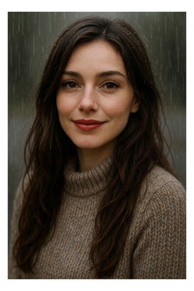 white woman with long brown hair and brown eyes, wearing a sweater, smiling in the rain, with long eyelashes and red lips sticker