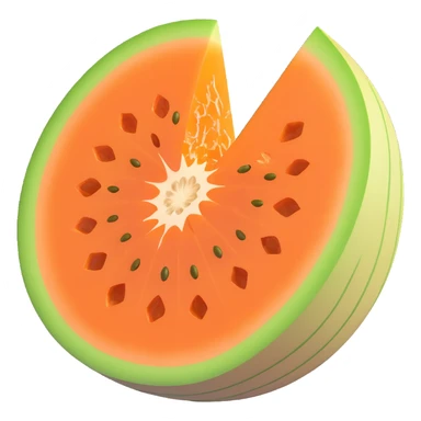 whole cantaloupe melon with rough netted beige-green rind, thick wedge slice showing bright orange flesh and seed cavity, juicy soft inside, firm rind, clean 3D, soft lighting, emoji scale sticker