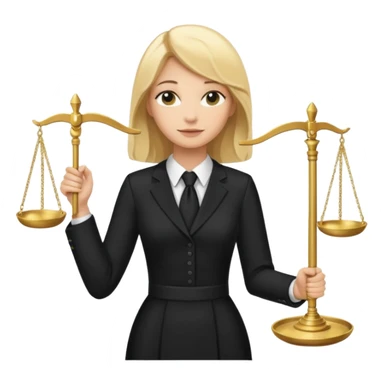 woman lawyer blanche et blonde avec des cheveux mi-long; elle est habillée avec une longue robe noire et une cravate blanche; elle est victorieuse en portant la balance de la justice sticker