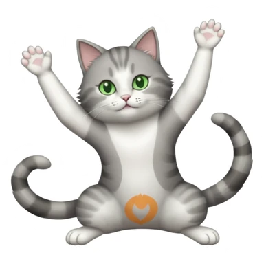grey and white cat with green eyes doing a big extremely long stretch reaching up into the air with arms and legs side by side together straight and overextended sticker