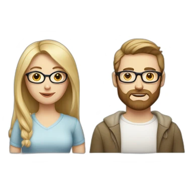 White-skinned woman without glasses with big eyes, blonde and square hair, and her husband with white skin and glasses with brown beard and hair sticker