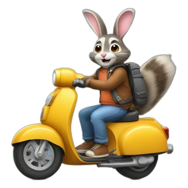 bunny giving a ride to raccoon on scooter sticker