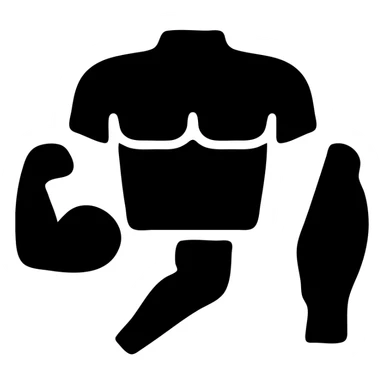 Minimalistic flat Apple iOS icon. Isolated muscle groups (chest, biceps, quadriceps) shown as separate colored or outlined anatomical shapes, no human silhouette, white or transparent background, no extra elements. sticker