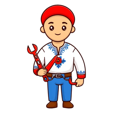 A Ukrainian man wearing traditional white embroidered vyshyvanka shirt holding red scissors in one hand and a spanner/wrench in the other hand sticker