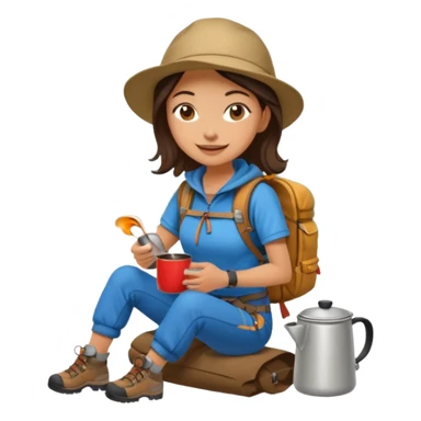 A cheerful female camper brewing coffee in a small metal pot sitting sticker