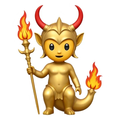 Minimalist emoji-style sticker of a full-body Oscar-like statue in gold color, with subtle devilish elements: small horns on the head, a pointed tail, and fire around the base. Flat design, thick lines, black, gold, and red color palette, silhouette style, centered on white square background. sticker