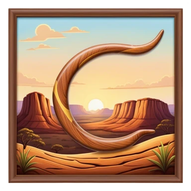 Cinematic Realistic image of a classic boomerang, rendered with detailed wood grain textures and vibrant colors, set against a sunlit outback landscape that emphasizes its iconic Australian heritage sticker