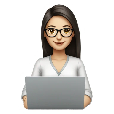 Dark straight hair, white girl with optical glasses and laptop smiling wide sticker