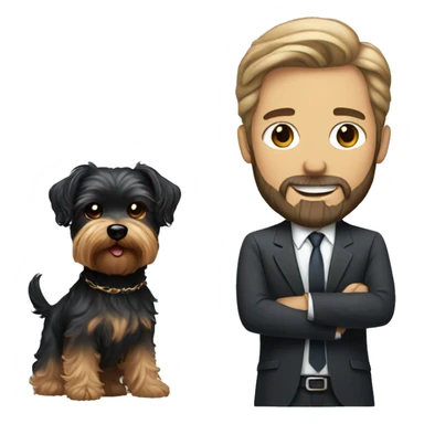 white man with beard and black woman with curl hair holding a mini Yorkshire terrier  sticker