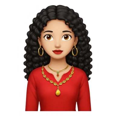 generate a pretty bratz girl with a red kurti, long black curly hair, hoops, sticker