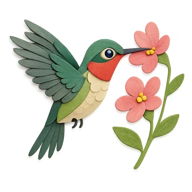 ruby-throated hummingbird, intricate paper feathers, hovering at pink flowers, expressive eye sticker