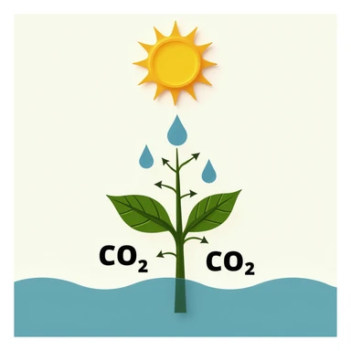realistic stylized diagram of photosynthesis: leaf, sun, water droplets, and CO₂ arrows, no background, transparent sticker