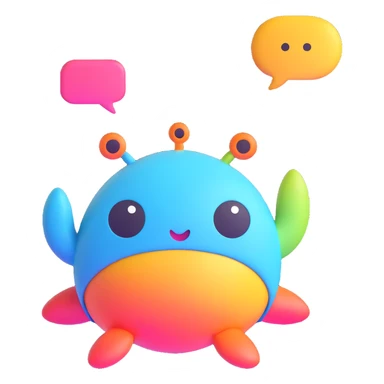 Retro game mascot — like a Tamagotchi-style AI creature, round and colorful with a speech bubble. sticker