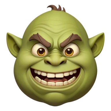 Cinematic Comical Ogre Portrait Emoji, with a strikingly exaggerated, bulky figure in vivid earthy greens and browns, head tilted in a dramatically surprised expression with wide, comically bulging eyes and a goofy, oversized grin, simplified yet hilariously exaggerated, highly detailed with a soft, cartoonish glowing outline capturing the playful absurdity of a meme-worthy ogre! sticker