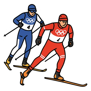 Create a vector style illustration of a sportsman skier running on cross-country skis using the skate technique. Match the pose and clothing from the reference photo. Include clean outlines, shadows, and highlights to emphasize dynamic movement. The background should be transparent. sticker