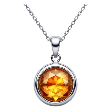 extreme close up of a round cut holographic amber charm with silver metal accent and delicate chain sticker