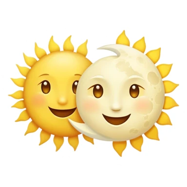a really bright  big sun and a small moon who shines because of it. the sun is bigger and the tiny \moon bright too beside it smiling looking at each other sticker