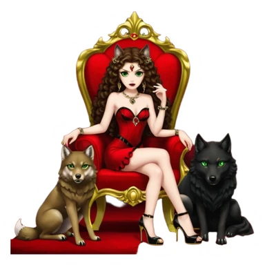 Lilith green eyes, symbol seductress evil brown curly long hair haired, sexy succubus woman with red and black Chanel dress on. A red and black stiletto platform high heel shoes on. sitting on a Black and gold throne. A large black fur wolf sitting beside her. Red rubies surround them both sticker