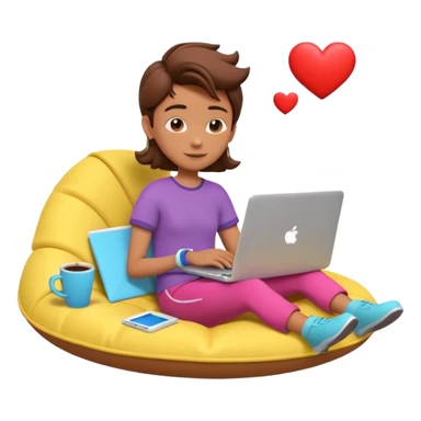 3D clay character relaxed with laptop and coffee, floating icons (envelope, heart, dollar), colofrful outfit, floating icons, white laptop, Pixar style, transparent background sticker