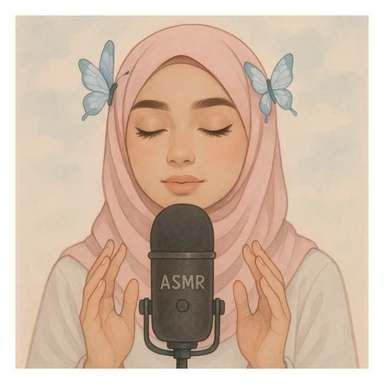 a girl with a pink hijab styled fashionably, butterfly hairclips on both sides, ASMR creator theme, soft and calming vibe sticker