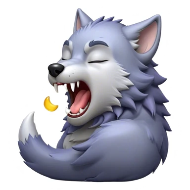 Cinematic Cute Yawning Werewolf Portrait Emoji, with a cuddly, miniature lupine form in soft moonlit grays and silvers, head leaning back in a big, adorable yawn that reveals a few fuzzy teeth, simplified yet irresistibly charming, highly detailed with a soft glowing outline that captures the drowsy, playful essence of a werewolf mid-nap! sticker