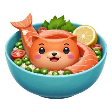 salmon poke bowl with cute expression on bowl, bright and vivid colors, simple background, iPhone emoji style sticker