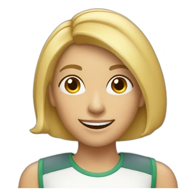 35 year old blonde woman with asymmetric shoulder length haircut with smile sticker