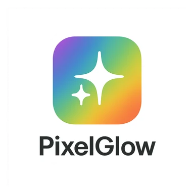 minimal logo for PixelGlow, rounded square with smooth rainbow gradient background, central white sparkle icon, clean, modern, tech-friendly, and playful sticker