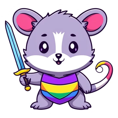 A cute pastel colored possum warrior holding a gleaming sword, with rainbow fur, sparkly eyes, and colorful stars around sticker
