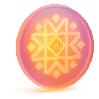 Can you please render an image of a digital artwork with a dreamy, cosmic aesthetic. Make it glowing small circle logo that’s attached in the image and that radiates warm colors—yellow, orange, and magenta. Make the image 3D and look more like an artistic glassmorphism type. Make the image look HD and quality  sticker