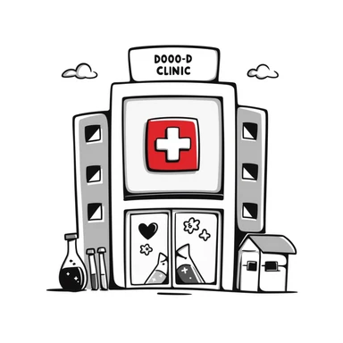 Modern clinic building with glass facade, featuring a red cross sign, test tubes on display, and a subtle heart icon, clean and medical appearance sticker