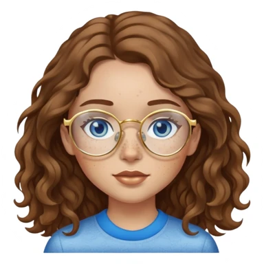 Girl with light skin, wavy brown hair, blue eyes, freckles, and gold glasses sticker