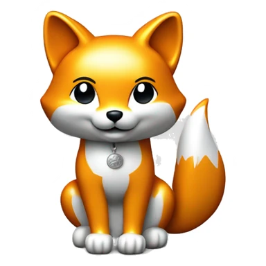 Fully chromed Maneki Neko-style fox statue in iOS emoji style, with smooth, rounded edges, reflective surface with soft light reflections. Minimalist features like the tail, raised paw, and coin. Plain white background to emphasize the chrome texture. sticker