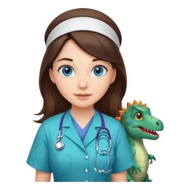 pretty brunette nurse with long hair and blue eyes in dinosaur scrubs sticker