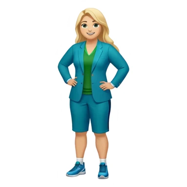 Full Body white plus size female basketball head coach with long blonde hair in a blue and green suit smiling sticker