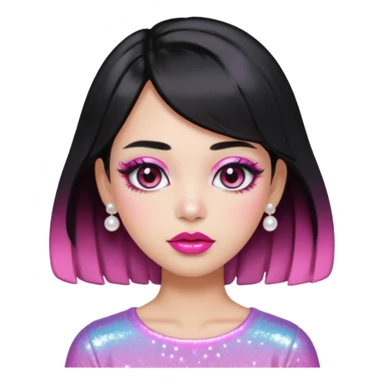 “black hair Emoji girl, glossy pink eyelids, ombré cherry lips, soft contour, subtle glitter under eyes, pearl hair clips, trendy hairstyle, iridescent modern top.” sticker
