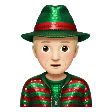 Freddy Krueger with red and green stripe sequin sweater, dark brown sequin jacket and hat sticker