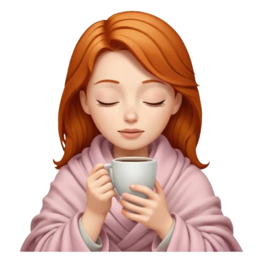 Ginger long hair lady inside a beige and light pink blanket sipping coffe with eyes closed  sticker