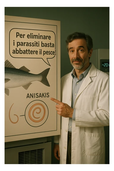 cinematic a scientist in a white lab coat stands beside a large poster showing a fish and a diagram of the Anisakis parasite. The scientist points to a speech bubble that says, “Per eliminare i parassiti basta abbattere il pesce!” In the background, a blast freezer is visible, with a temperature gauge set to -20°C. The mood is informative and reassuring. In italiano sticker