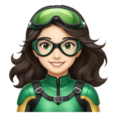 green Power Ranger, Asian girl with long, less wavy dark brown hair, side parting, smiling, wearing scuba goggles sticker
