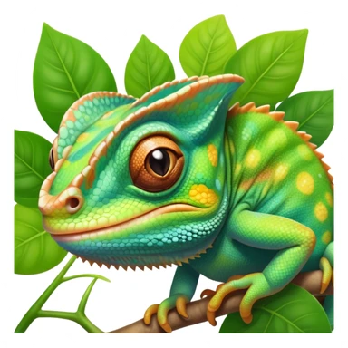 cinematic cute-smiling baby chameleon-realistic emoji,-blending-with-vibrant-greenery.-detailed-scales-in-shifting-colors,-showing-the-chameleon’s-ability-to-camouflage.-soft-natural-light-highlights-its-texture.-light-background, zoomed into its face sticker