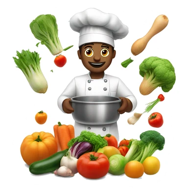 the cook is cooking, vegetables and fruits are flying above him and near him sticker