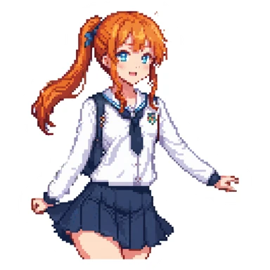 anime girl in school uniform, orange hair in side ponytail, blue eyes, standing in a courtyard with cherry blossom petals, skirt and hair fluttering in breeze, cheerful expression sticker