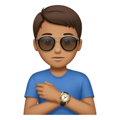 Un niño con pelo lacio color castaño,con lentes de sol negros y un reloj en la mano sticker