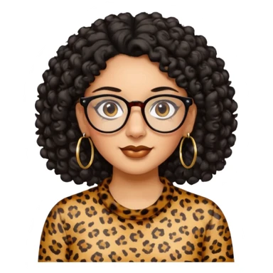 A women who wears glasses with a black curly hair, in a leopard print shirt, hoop earrings   sticker