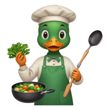 A duck holding a frying pan with vegetables, wearing green apron sticker