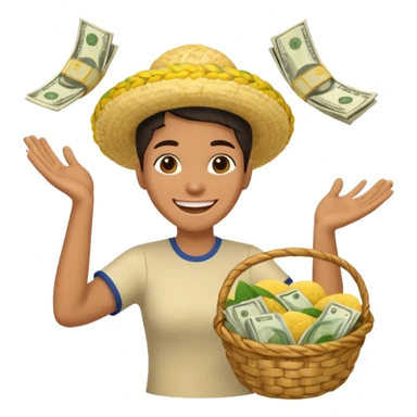 baskets, some overflowing with money, others with colombian arepas in the background a very happy person ridiculously throwing money around sticker